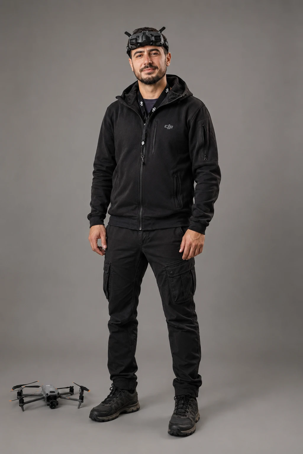 AI generated full-body frontal view of drone pilot character