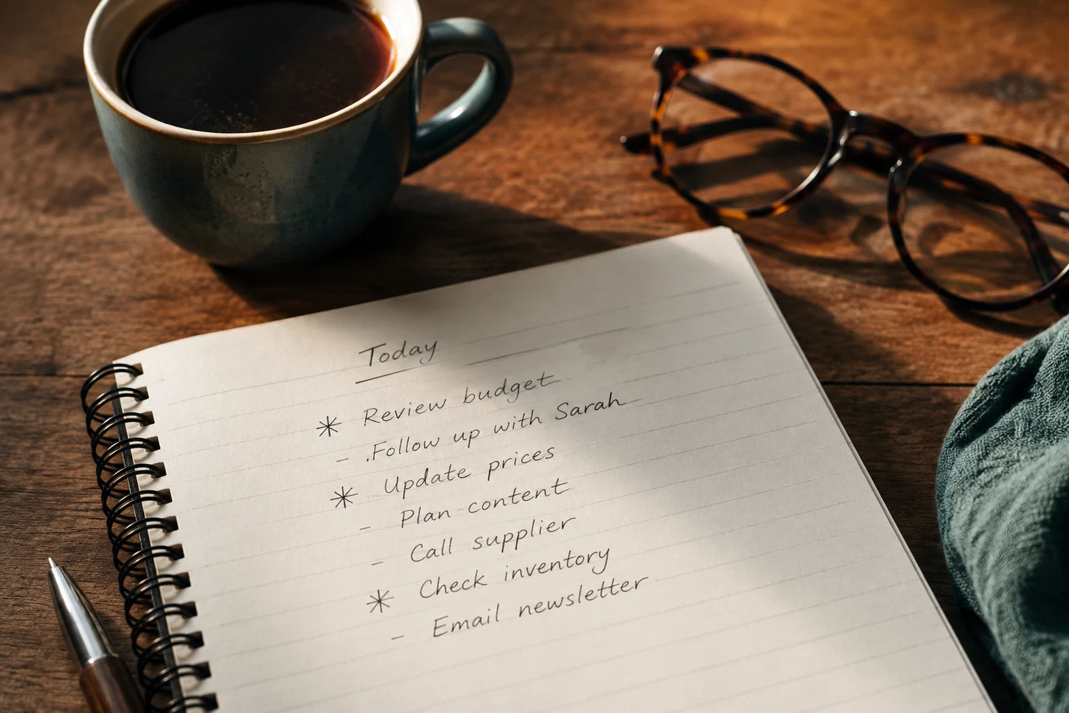Close-up of a handwritten to-do list in a notebook next to a cup of coffee and a pair of glasses