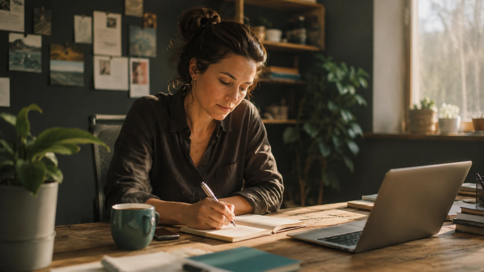 A woman sitting at a wooden desk writing in a notebook beside her laptop and a cup of coffee