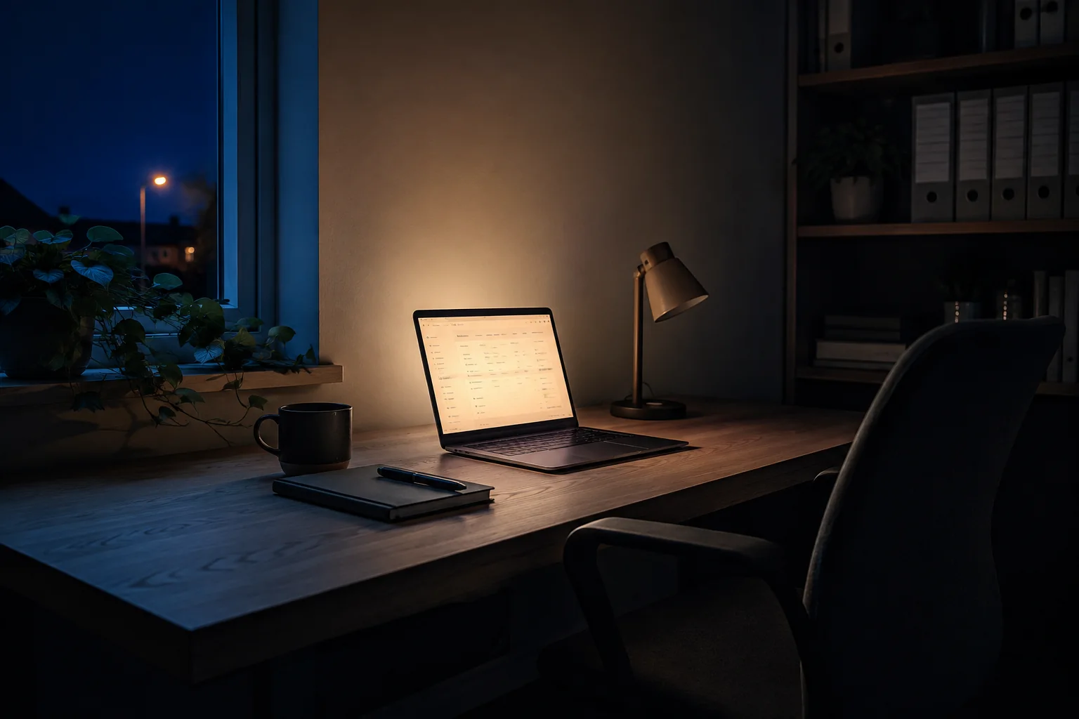 A small business owner sitting at a home desk in the evening, working on a laptop by lamplight, while Claude's scheduled tasks quietly run in the background