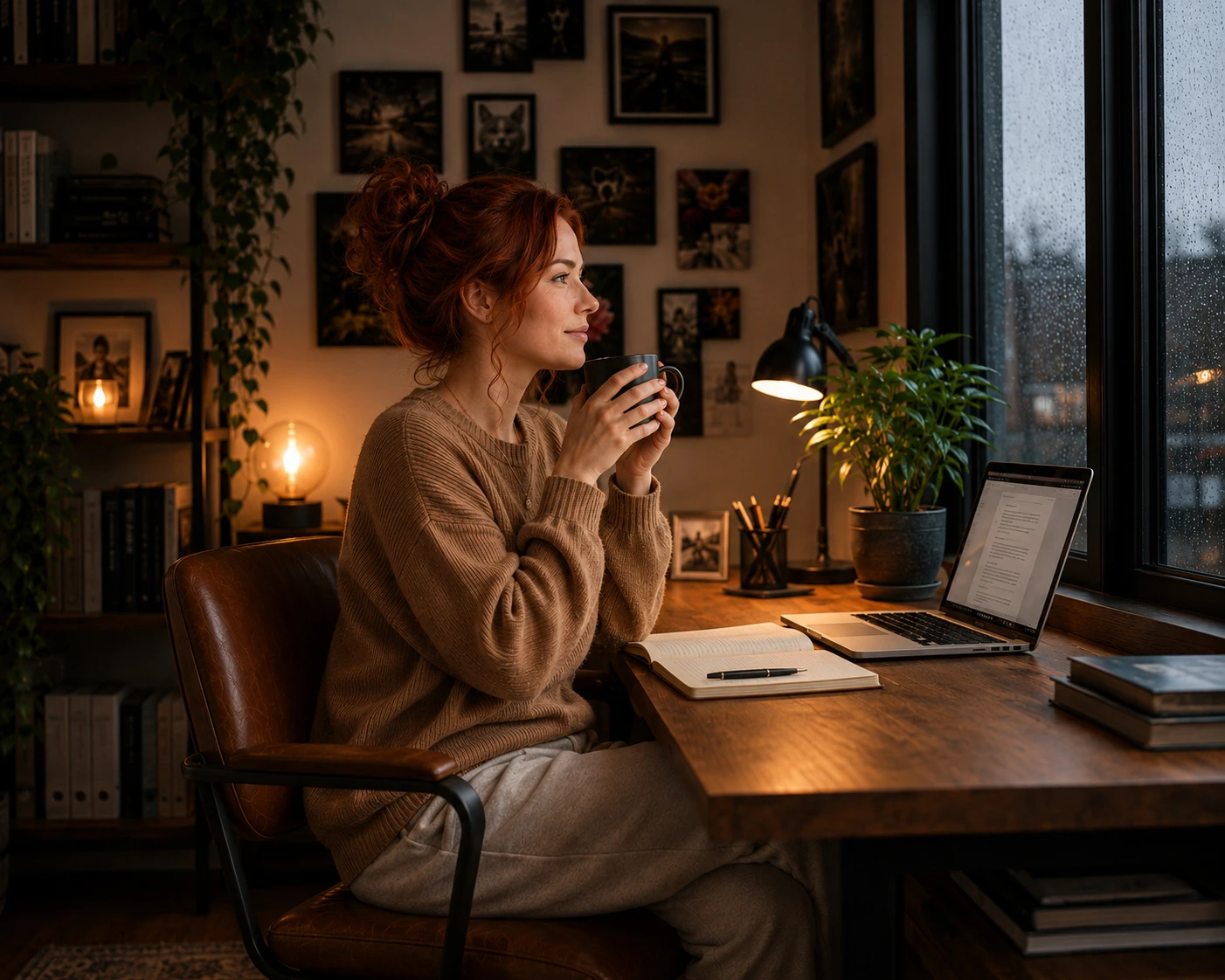 Red-headed woman sat at her desk drinking coffee