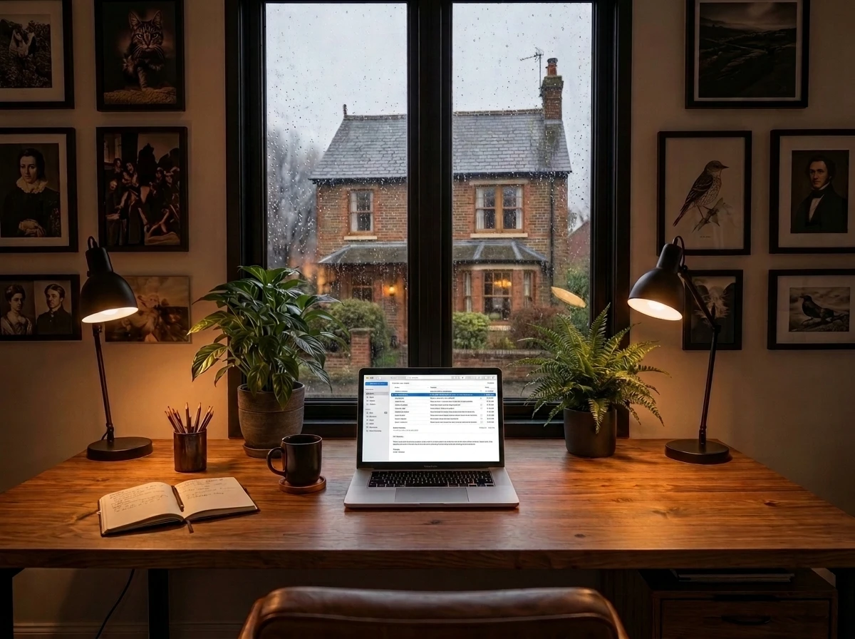 A wooden desk with a laptop in front of a rain streaked window looking out on a street