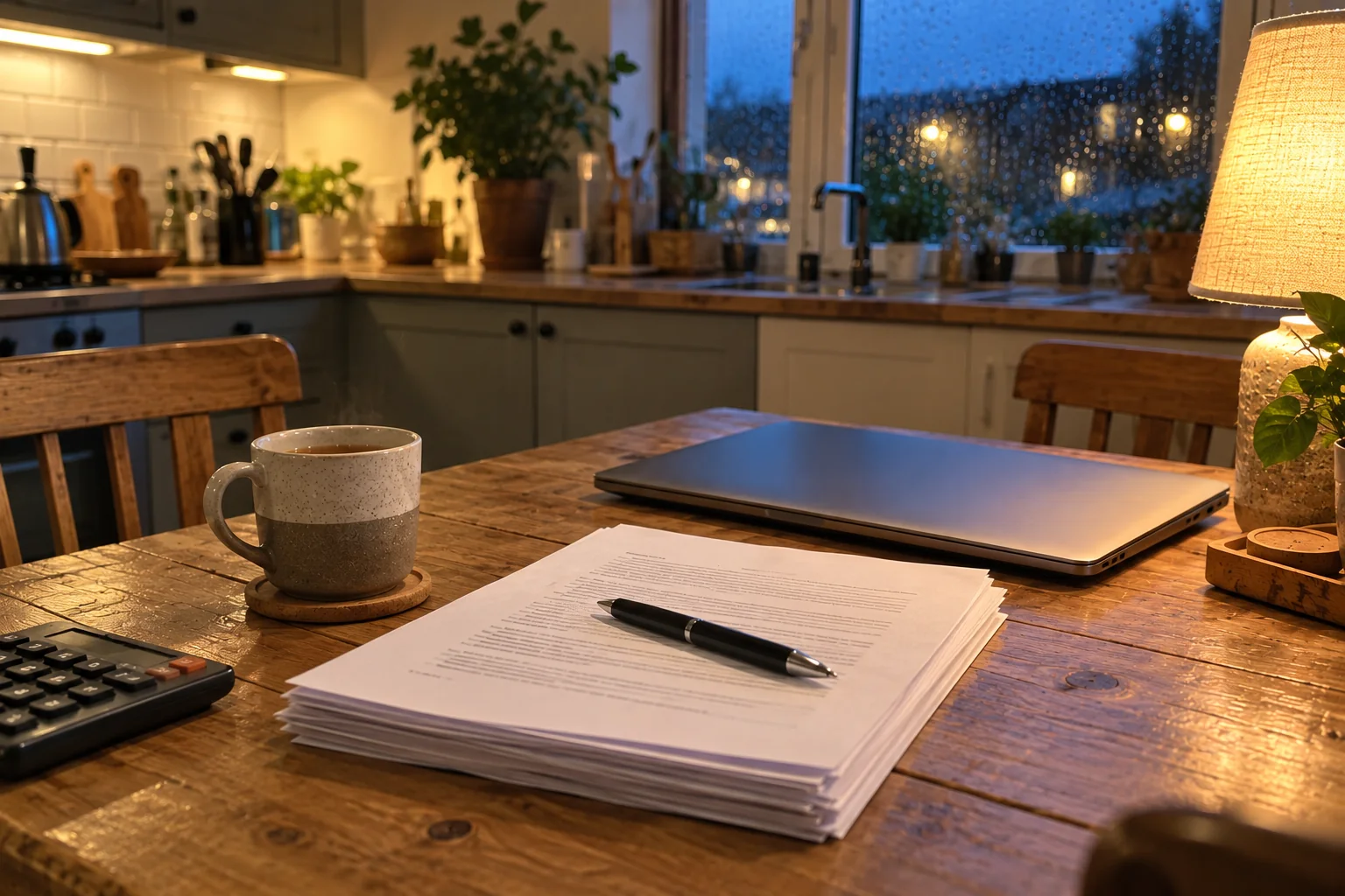 AI-generated image: A neat stack of printed proposal pages with a pen on top, beside a mug of tea, a calculator and a closed laptop on a kitchen table, lit by a lamp on a rainy evening