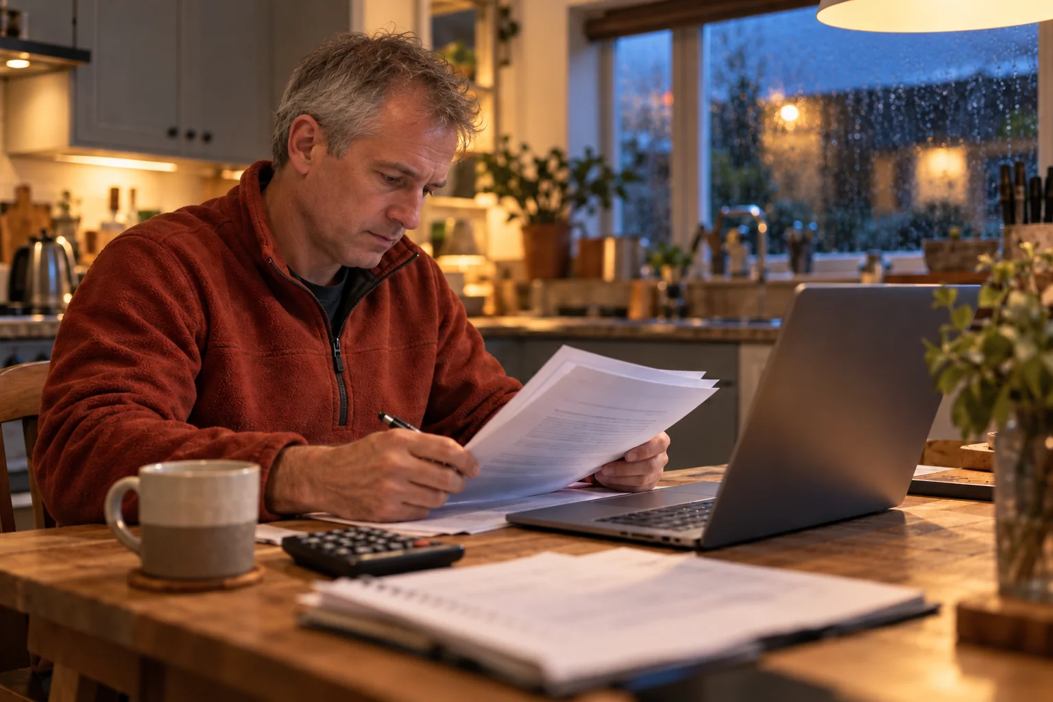 AI-generated image: A tradesperson in a rust fleece at a kitchen table on a rainy evening, reading through a printed client proposal beside an open laptop, a calculator and a mug of tea